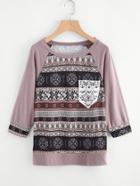 Shein Raglan Sleeve Crochet Pocket Tribal Print T-shirt