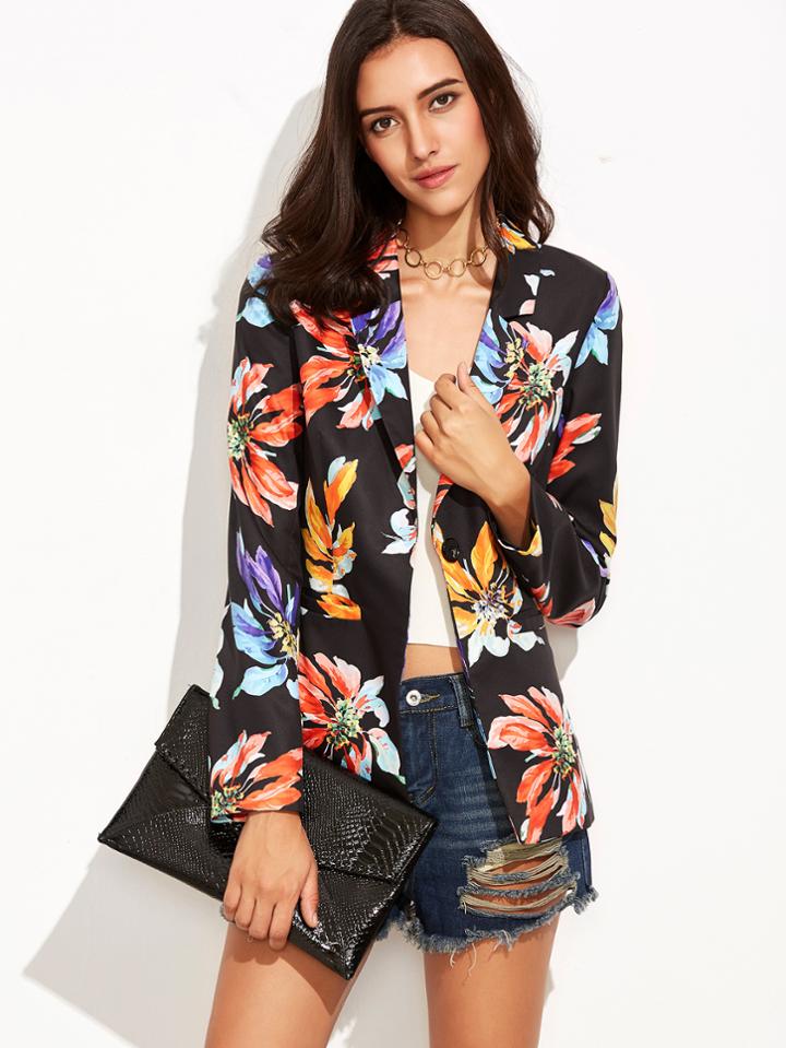 Shein Flower Print Single Button Pockets Blazer