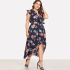 Shein Plus Tie Waist Floral Print Dip Hem Dress