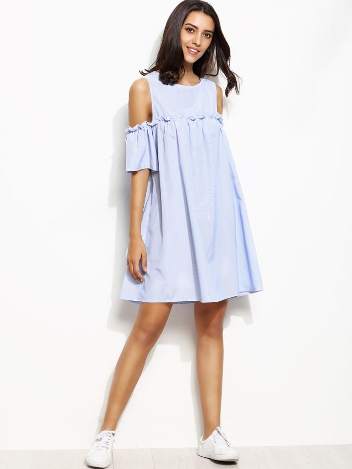 Shein Vertical Striped Frill Trim Open Shoulder Dress