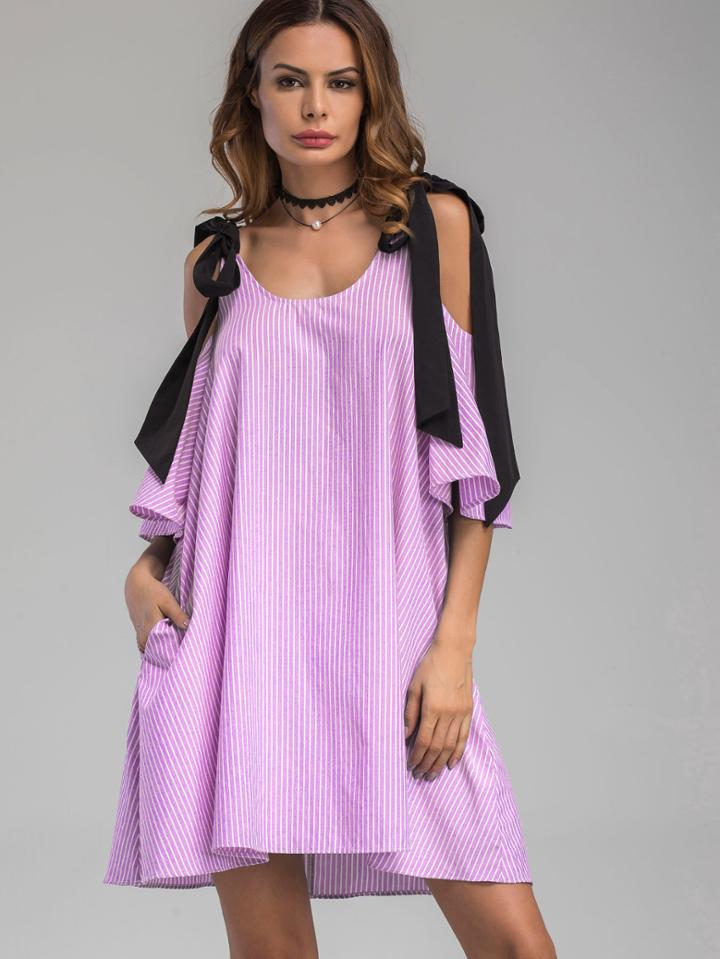 Shein Contrast Tie Shoulder Vertical Striped Dress