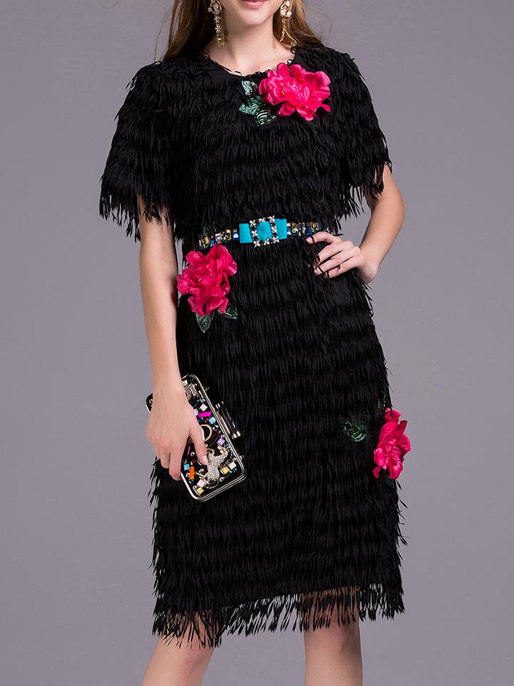 Shein Black Flowers Applique Belted Tassel Dress
