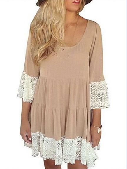 Shein Khaki Scoop Neck Lace Hem Dress