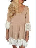 Shein Khaki Scoop Neck Lace Hem Dress