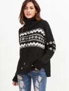 Shein Black Geo Pattern Drawstring Turtleneck Sweater