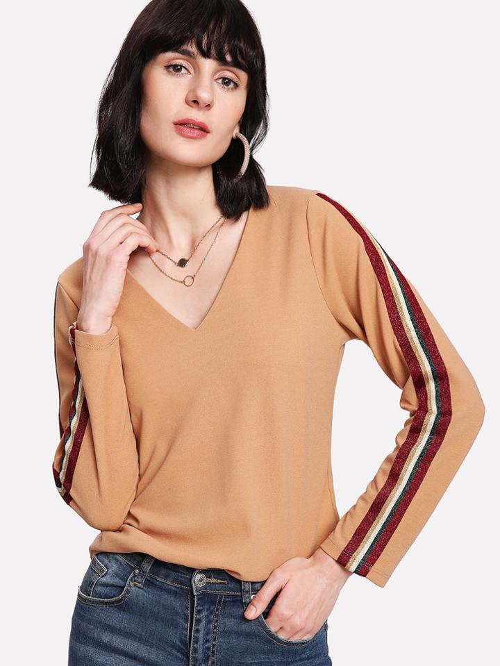 Shein V Neck Striped Sleeve Tee