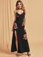 Shein Embroidered Rose Applique High Slit Textured Cami Dress