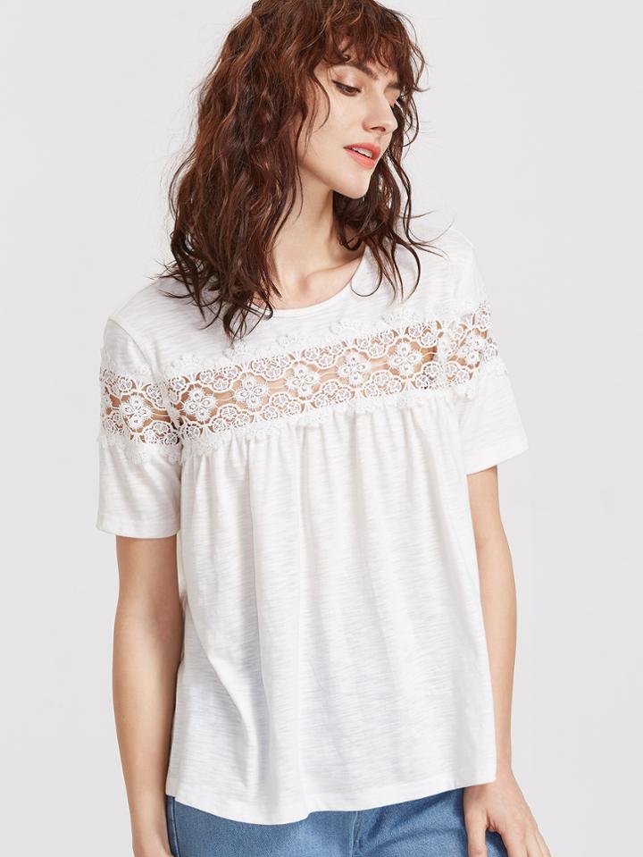 Shein Floral Lace Panel Keyhole Back Slub T-shirt