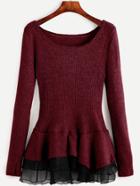 Shein Burgundy Scoop Neck Contrast Chiffon Hem Ribbed Sweater