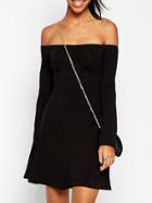 Shein Black Boat Neck Long Sleeve Skater Dress