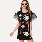 Shein Contrast Mesh Sleeve Graphic Print Dress