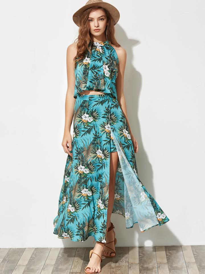 Shein Tropical Print Pleated Halter Top And Maxi Skort Set
