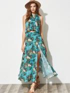 Shein Tropical Print Pleated Halter Top And Maxi Skort Set