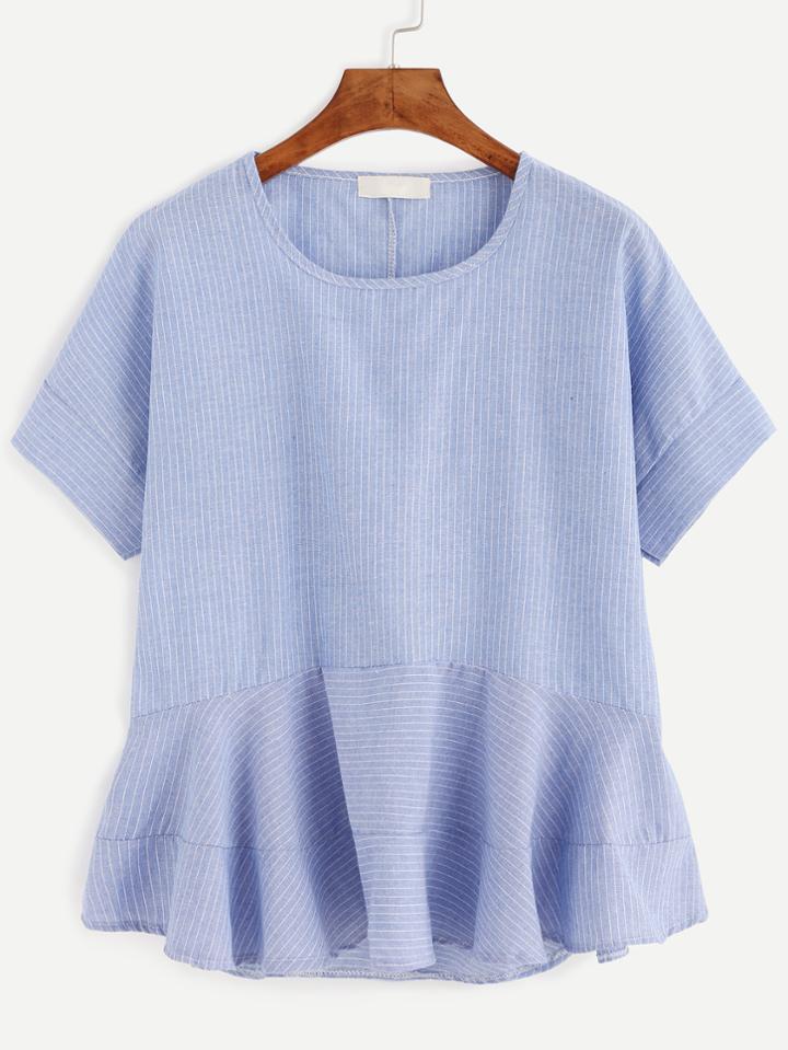 Shein Blue Vertical Striped Ruffle Hem Blouse