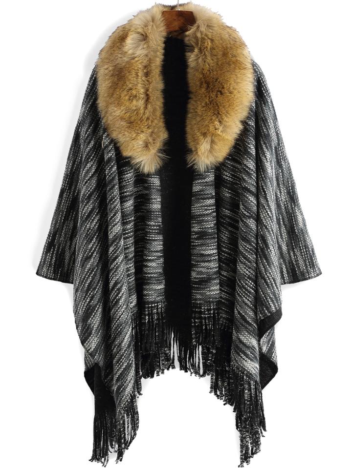 Shein Black Lapel High Low Fringe Poncho