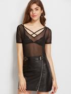 Shein Crisscross V Neck Scoop Back Mesh T-shirt