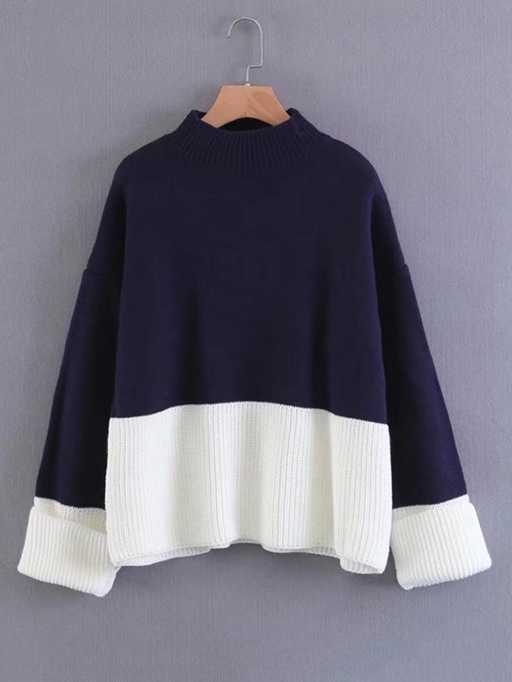 Shein Foldover Cuff Two Tone Sweater