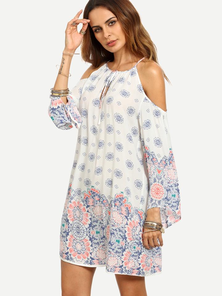 Shein Multicolor Print Cold Shoulder Shift Dress