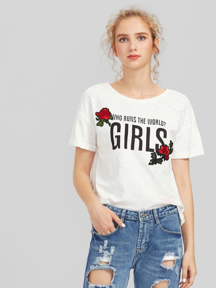 Shein Rose Embroidered Cuffed Slub Tee