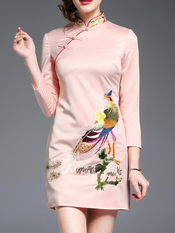 Shein Pink Collar Bird Embroidered Dress