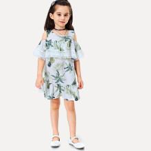 Shein Girls Pineapple Print Fringe Trim Open Shoulder Dress