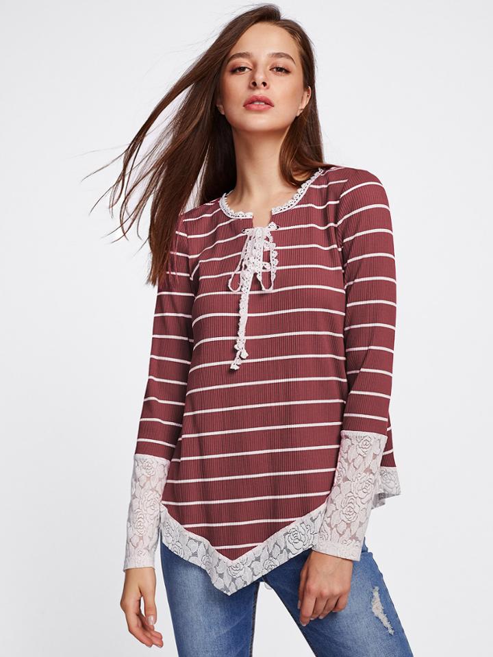 Shein Contrast Flower Lace Trim Ribbed Tee