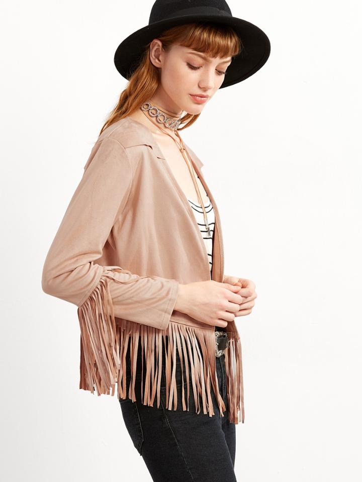 Shein Pale Khaki Fringe Trim Suede Coat