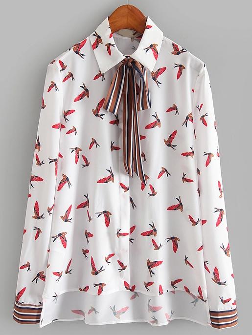 Shein White Long Sleeve Bow Birds Print Blouse