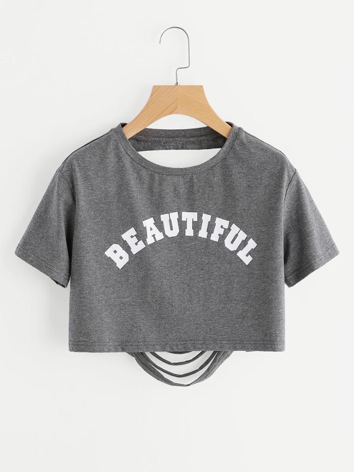Shein Letter Print Ripped Back Crop Heathered T-shirt