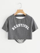 Shein Letter Print Ripped Back Crop Heathered T-shirt
