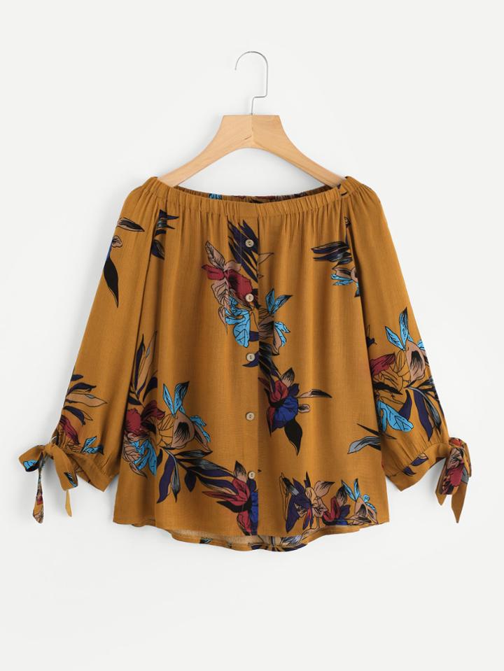 Shein Boat Neckline Floral Print Tie Cuff Blouse