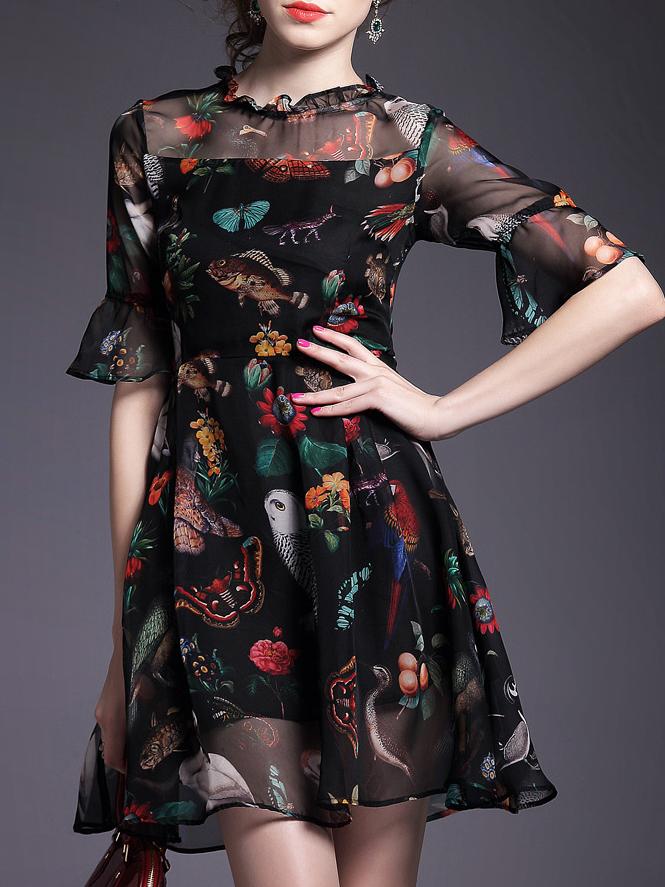 Shein Black Bell Sleeve Animals Print Dress