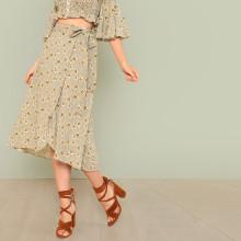 Shein Tie Waist Asymmetrical Hem Floral Skirt