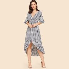 Shein Plaid Cut Out Sleeve Ruffle Hem Dress