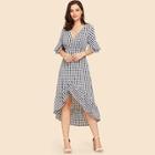 Shein Plaid Cut Out Sleeve Ruffle Hem Dress