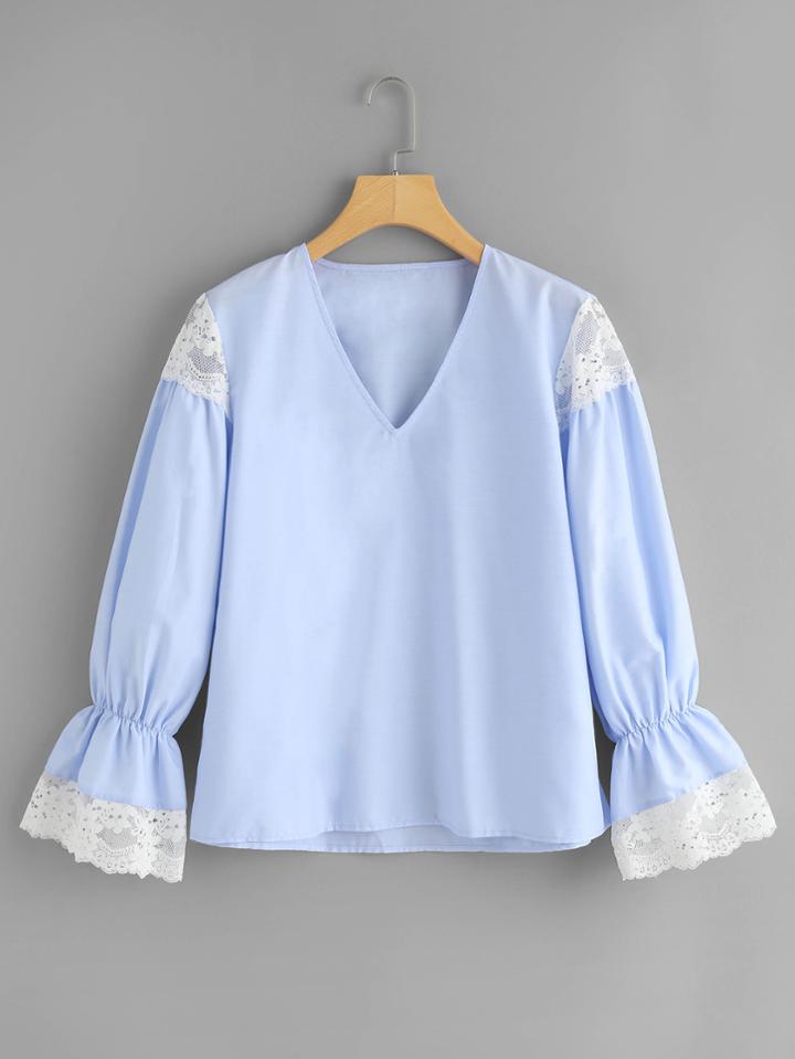 Shein Lace Crochet Contrast Flounce Sleeve Blouse