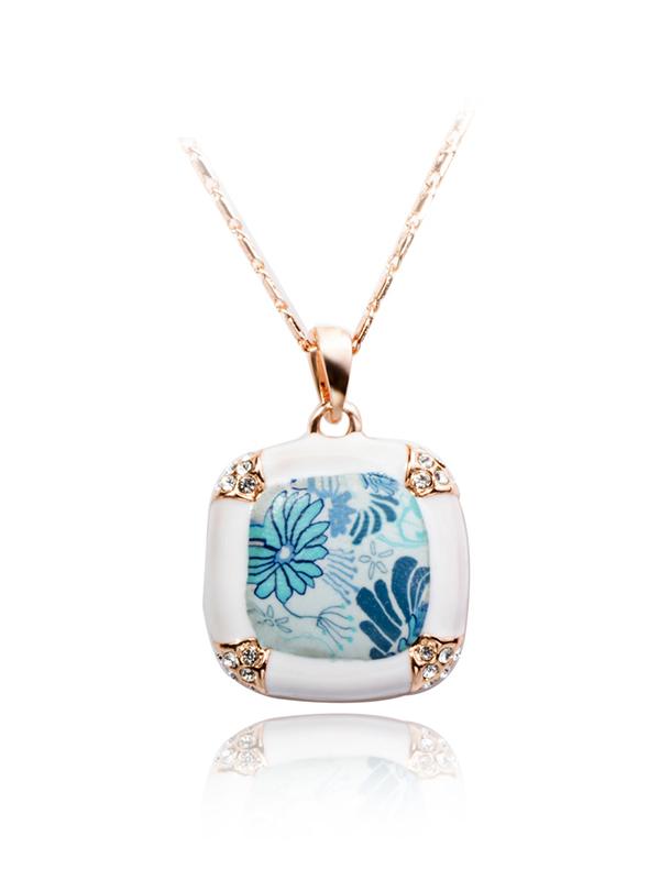Shein Blue And White Porcelain Crystals Pendant Necklace