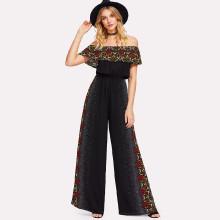 Shein Floral Print Flounce Trim Bardot Jumpsuit