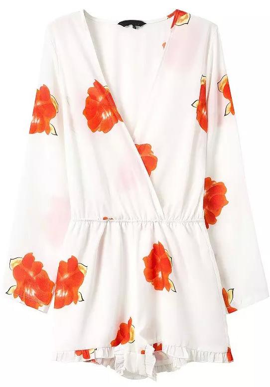 Shein White V Neck Long Sleeve Floral Ruffle Jumpsuit