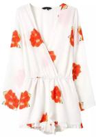 Shein White V Neck Long Sleeve Floral Ruffle Jumpsuit