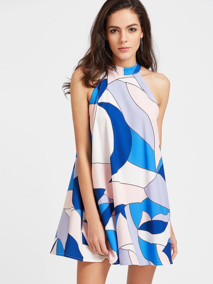 Shein Abstract Print Keyhole Back Swing Dress
