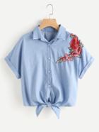 Shein Embroidered Flower Patch Tie Front Cuffed Chambray Shirt