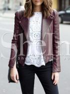 Shein Burgundy Long Sleeve Zipper Pu Leather Jacket