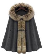 Shein Grey Fur Hooded Loose Woolen Cape