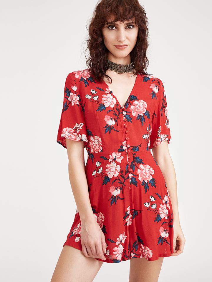 Shein Flower Print Button Front Wide Leg Romper