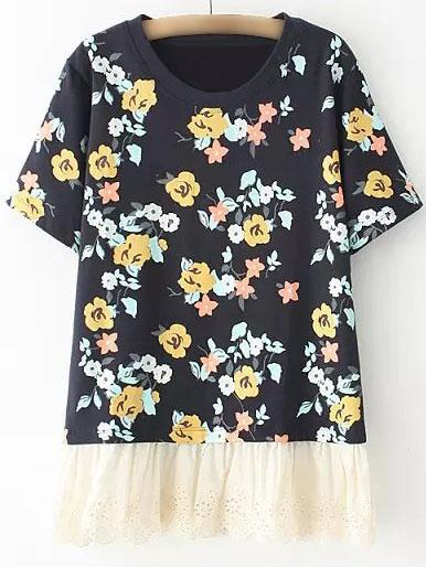 Shein Navy Short Sleeve Lace Hem Flowers Print T-shirt