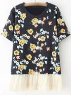Shein Navy Short Sleeve Lace Hem Flowers Print T-shirt