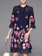 Shein Navy Sheer Bell Sleeve Flowers Embroidered Dress
