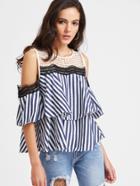 Shein Blue Striped Contrast Eyelet Lace Open Shoulder Tiered Top
