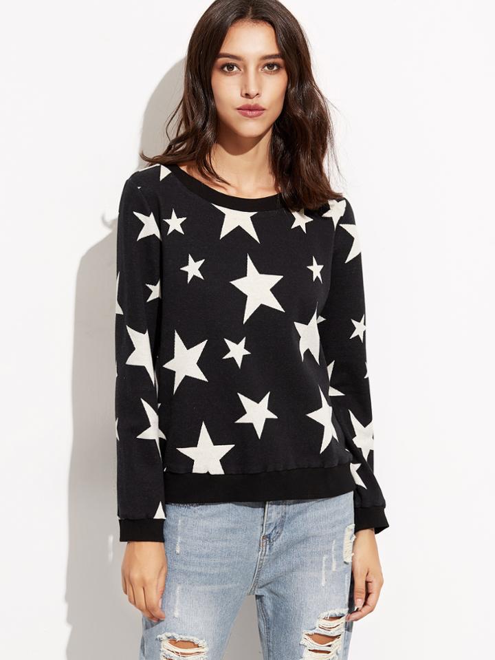 Shein Black Ribbed Trim Star Print Sweatshirt